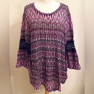 JohnPaulRichard Woman Purple Blue Long Bell Crochet Trim Sleeve Casual Top SZ 2X